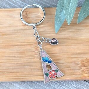Silver Keychain with Floral Letter A Charm Handcrafted by me | Upcycled Item